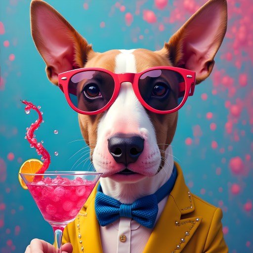 Anthropomorphic Bull Terrier in a yellow suit jacket and blue bow tie, wearing red rimmed sunglasses and holding a cocktail glass full of pink liquid.