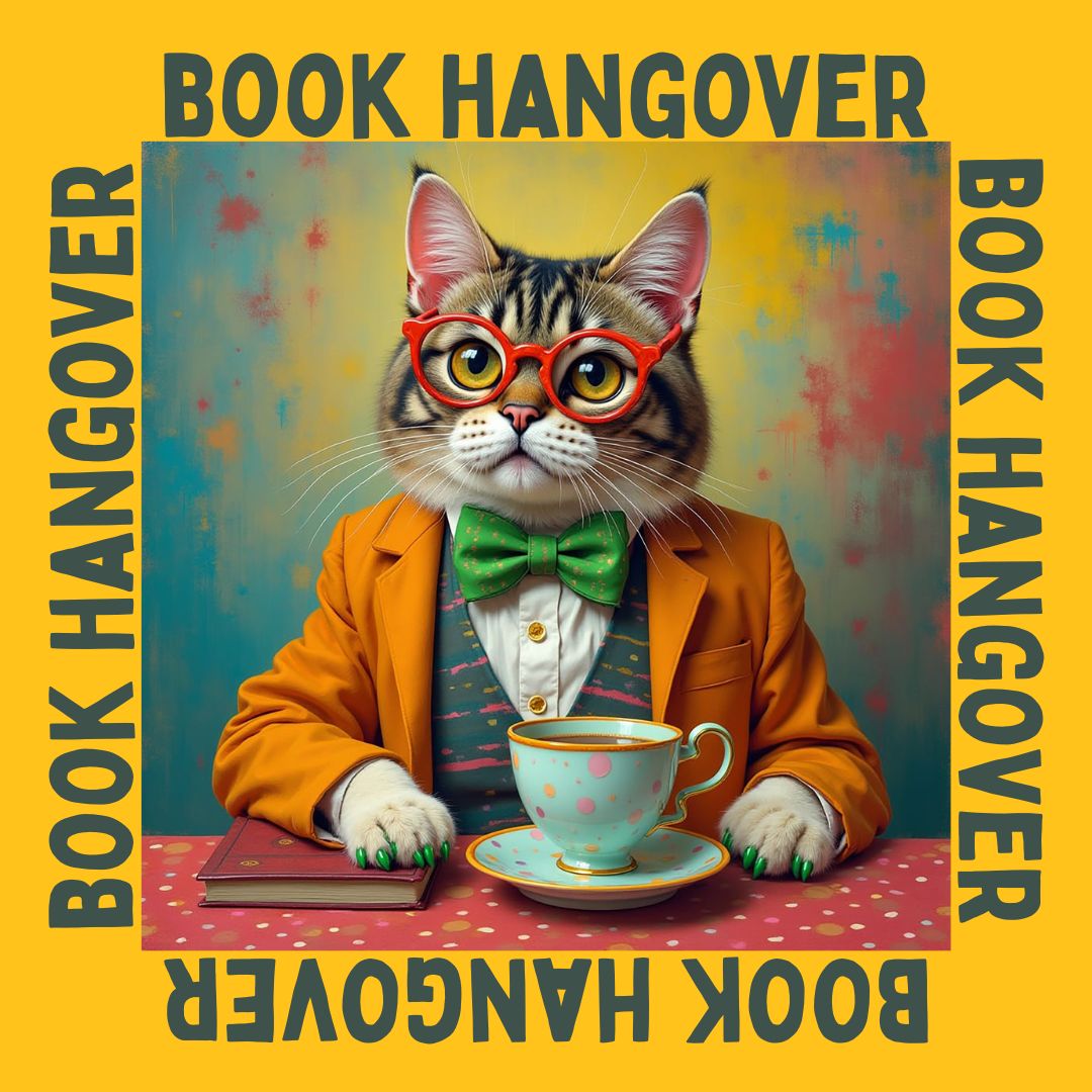 Bookish Meme Book Hangover - Cottage Core Cat looking off into the distance, paw is on a closed book, and a cup of tea is near the other paw.