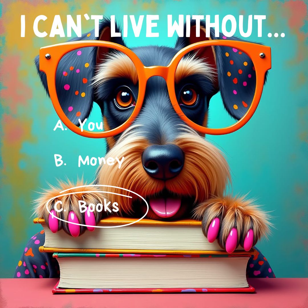 Bookish Schnauzer protectively hunched over a stack of books her tongue hanging out slightly. She says that she can't live without books.