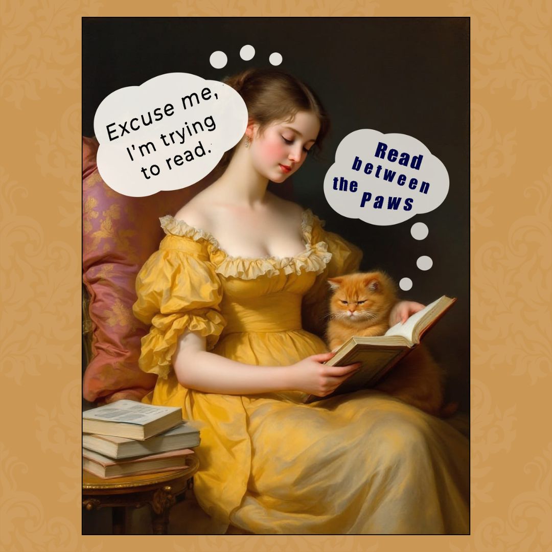 Fragonard's Young Girl Reading reimagined. A little orange cat is reading with the young girl.