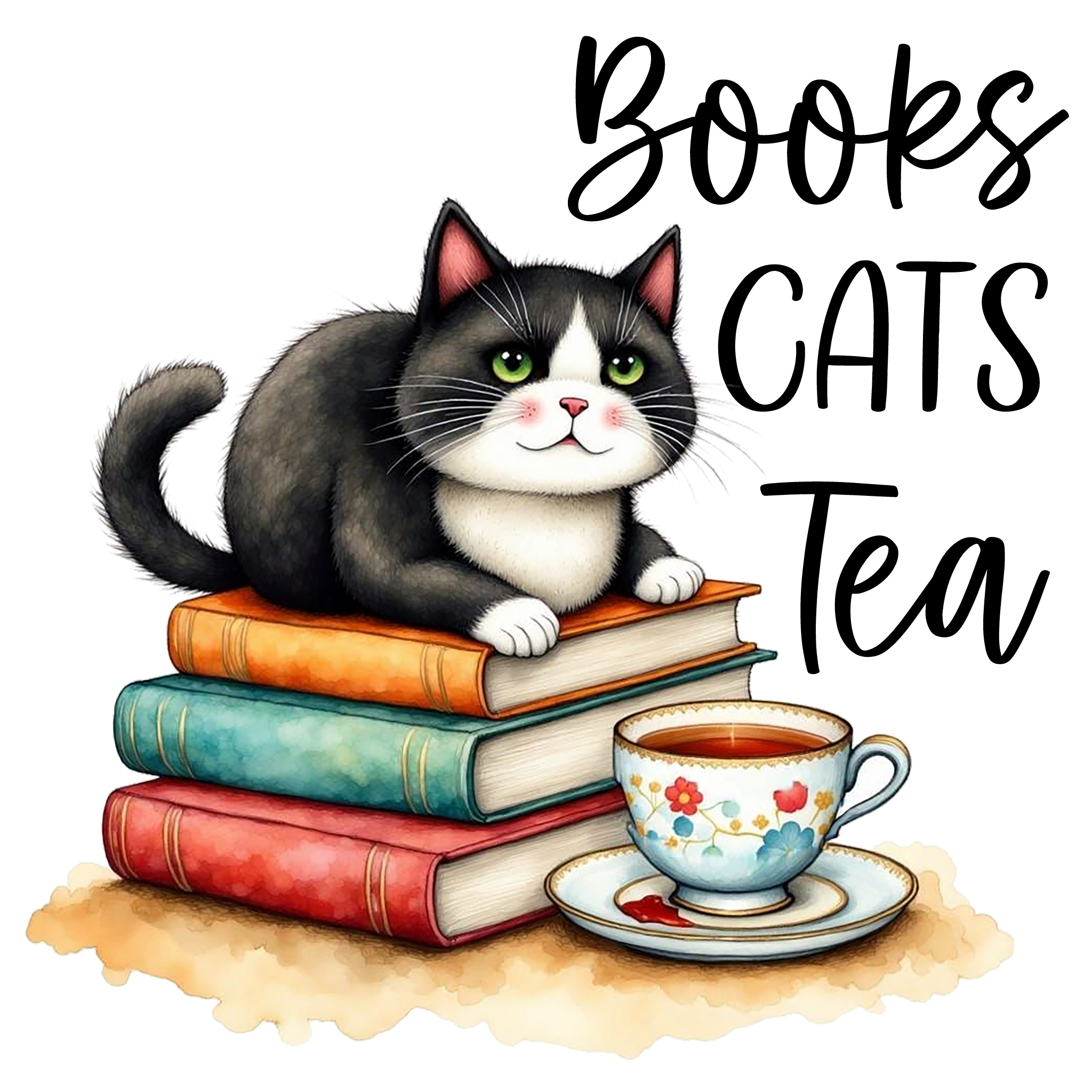 Tuxedo cat on top of a stack of books with a cup of tea in front - words Books Cats Tea