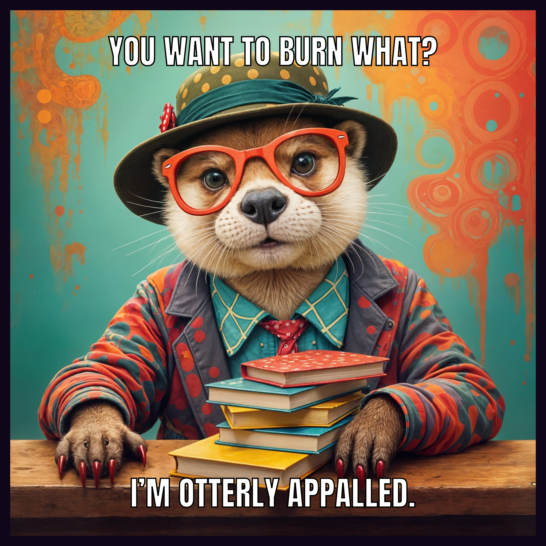 Bookish librarian otter with a stack of books in front of him - You want to burn what?